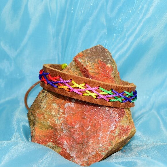 Caz Punch Mens Cross Stitch Leather Bracelet Pink Blue Yellow Brown Gift Package - Picture 1 of 9